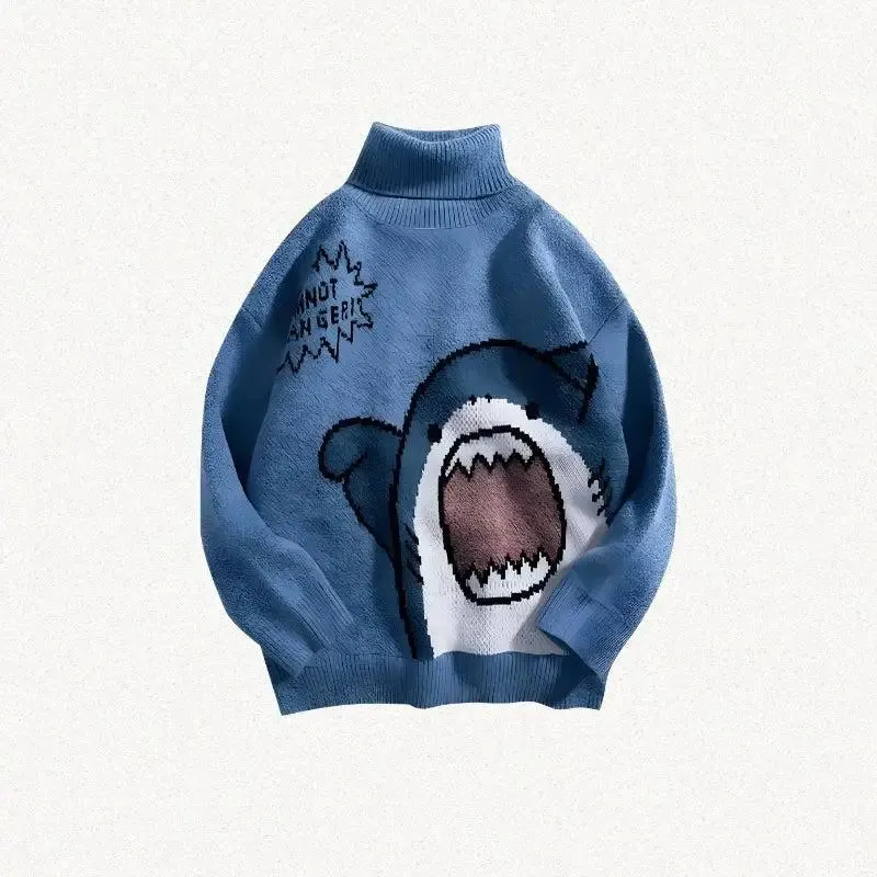 Whimsical Y2K Knitted Sweater with Shark Graphic and Sassy Message