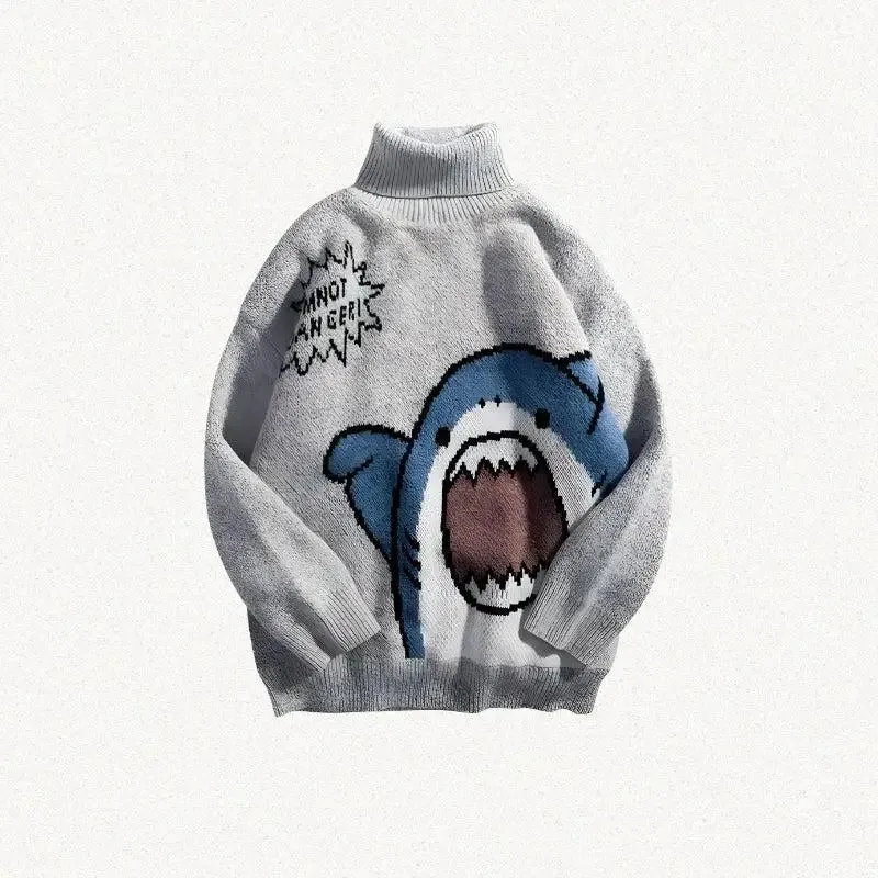 Whimsical Y2K Knitted Sweater with Shark Graphic and Sassy Message