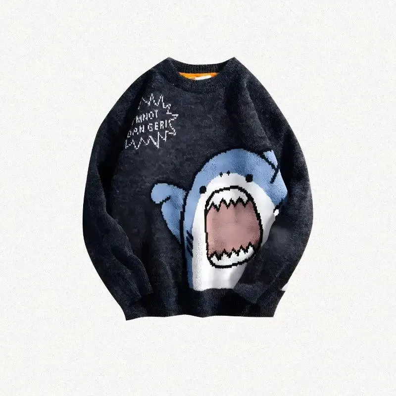 Whimsical Y2K Knitted Sweater with Shark Graphic and Sassy Message