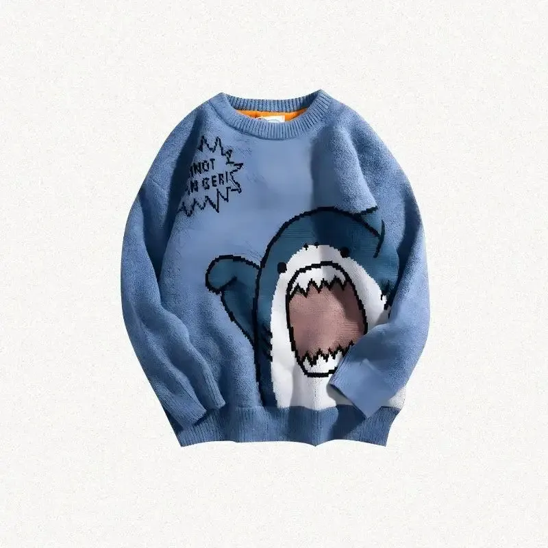 Whimsical Y2K Knitted Sweater with Shark Graphic and Sassy Message