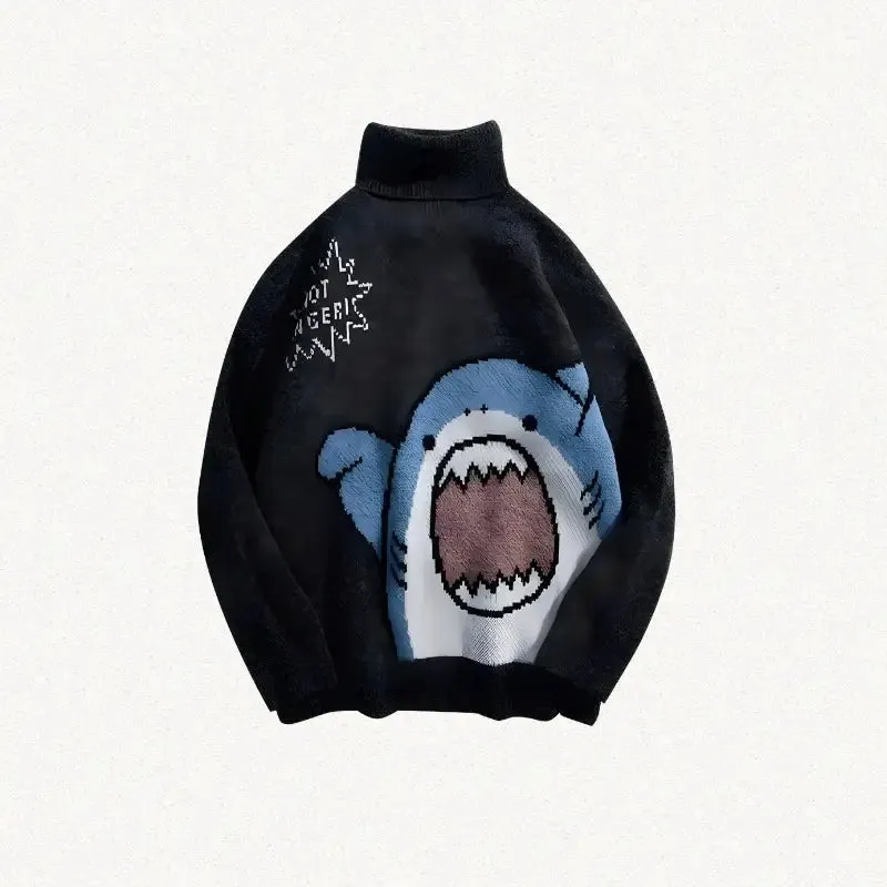 Whimsical Y2K Knitted Sweater with Shark Graphic and Sassy Message