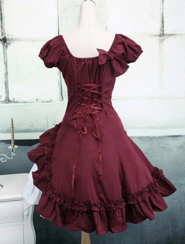 Wine White Lolita OP Dress Short Sleeves withe Ruffles