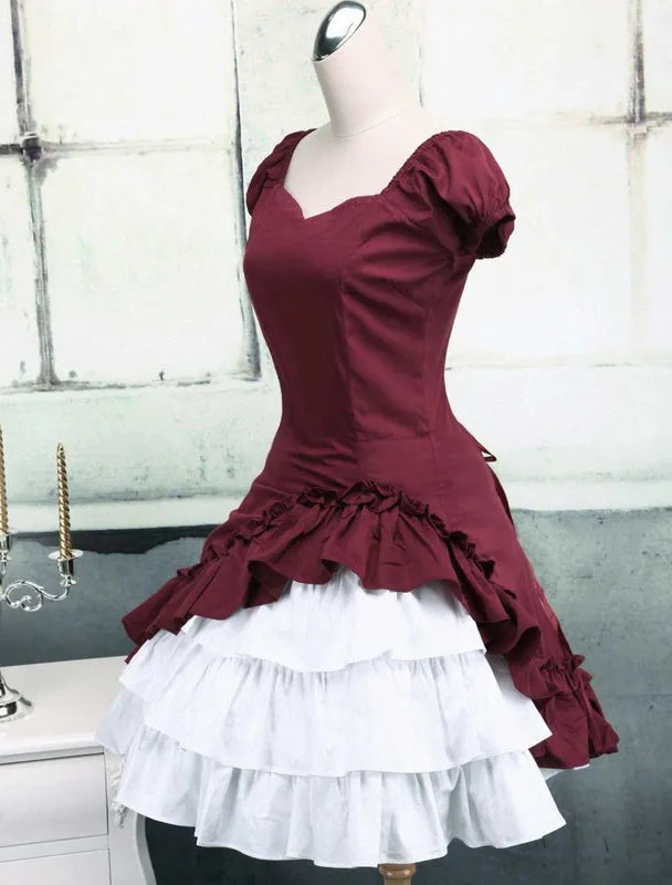 Wine White Lolita OP Dress Short Sleeves withe Ruffles