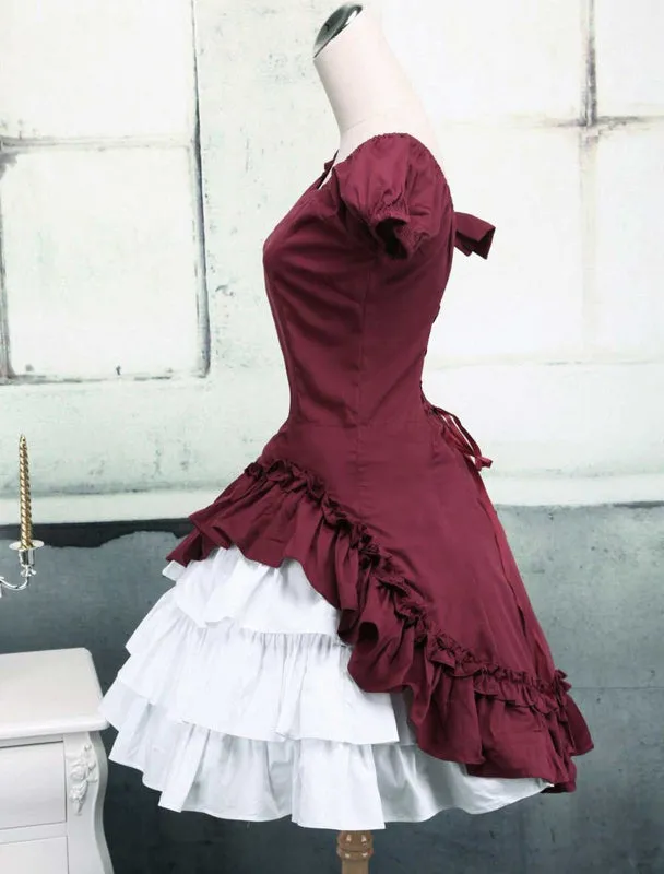 Wine White Lolita OP Dress Short Sleeves withe Ruffles