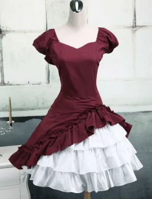 Wine White Lolita OP Dress Short Sleeves withe Ruffles