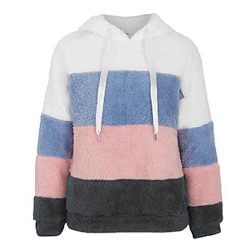 Women Contrast Color Hooded Plush Sweatshirt