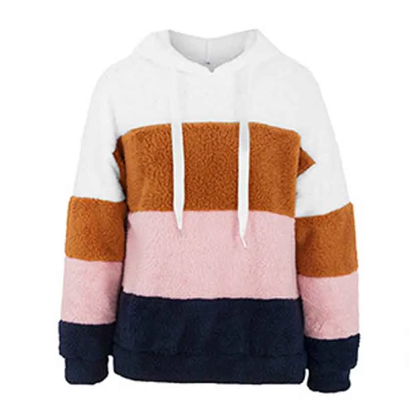 Women Contrast Color Hooded Plush Sweatshirt