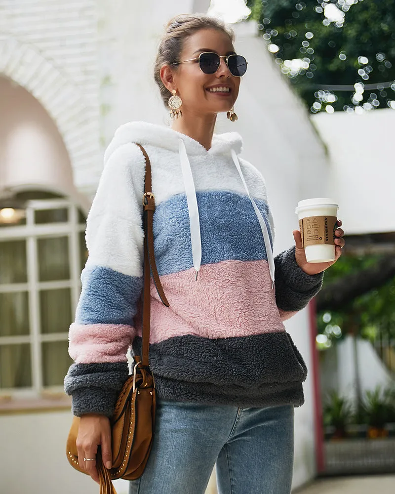 Women Contrast Color Hooded Plush Sweatshirt