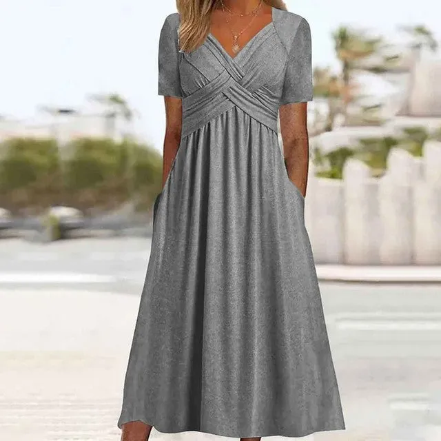 Women Elegant Office Pocket Loose Dress