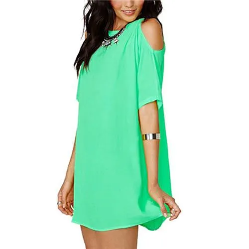 Women Girl Fashion 7 Colors Hollow Out Short Sleeves Candy Color Chiffon Dresses Vestidos