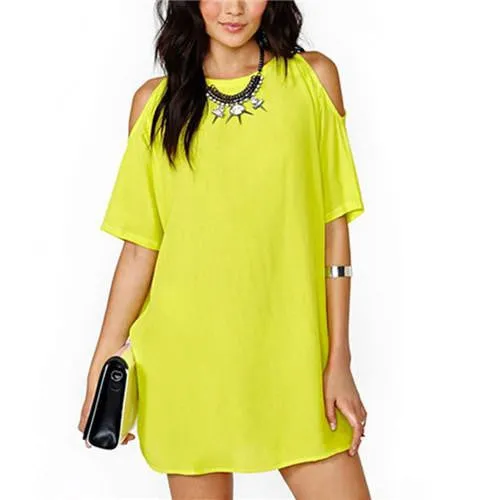 Women Girl Fashion 7 Colors Hollow Out Short Sleeves Candy Color Chiffon Dresses Vestidos