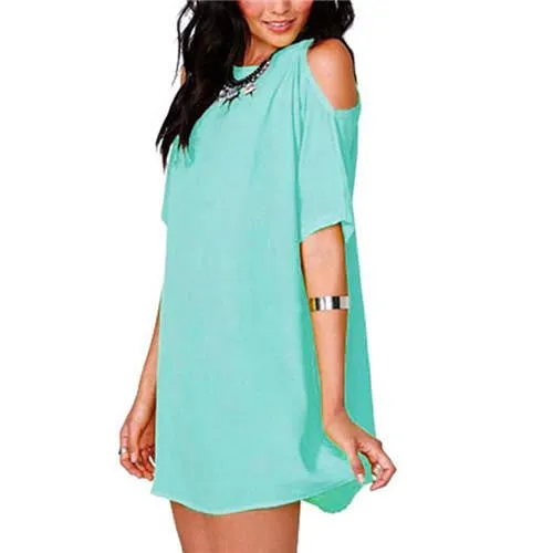Women Girl Fashion 7 Colors Hollow Out Short Sleeves Candy Color Chiffon Dresses Vestidos