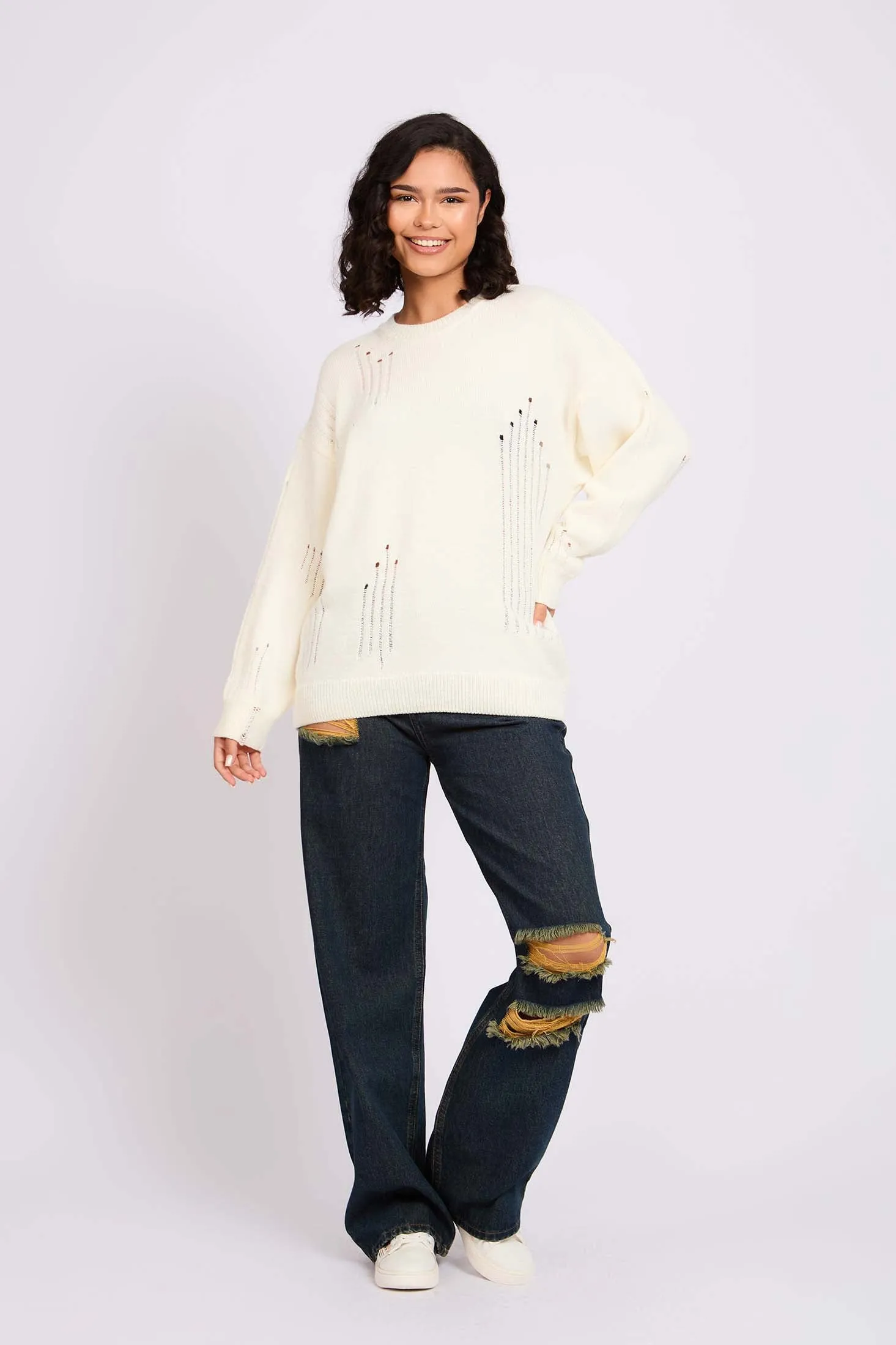 Women Pullover Loose Fit Off White