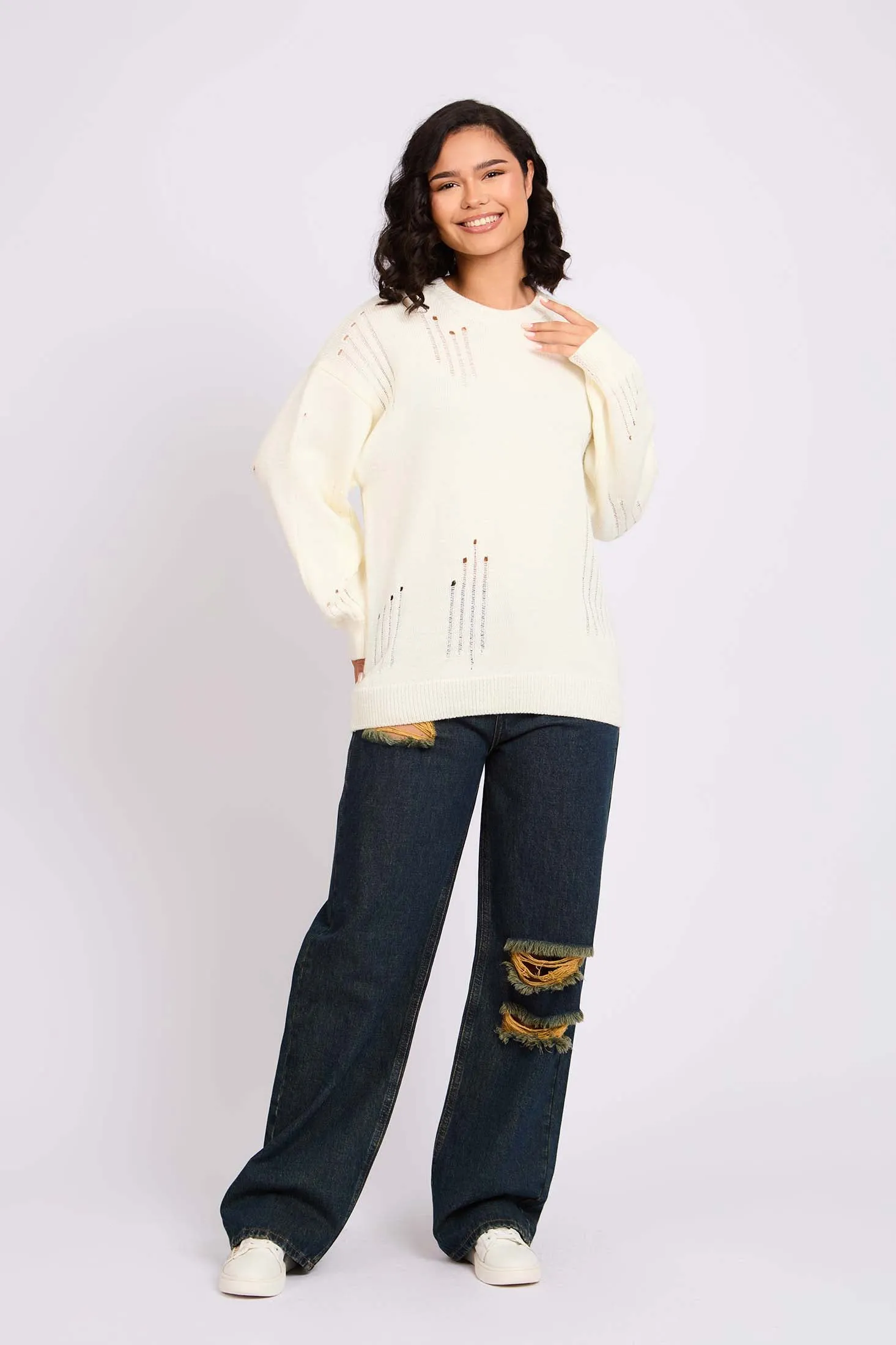 Women Pullover Loose Fit Off White