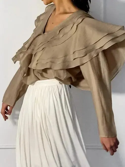 Women Spring/Summer 2024 New Sexy V-neck Layered Ruffled Solid Color Shirt
