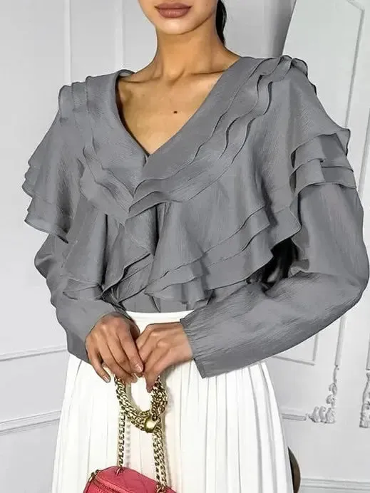 Women Spring/Summer 2024 New Sexy V-neck Layered Ruffled Solid Color Shirt