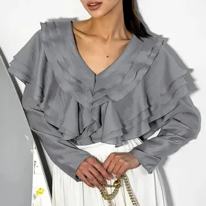 Women Spring/Summer 2024 New Sexy V-neck Layered Ruffled Solid Color Shirt