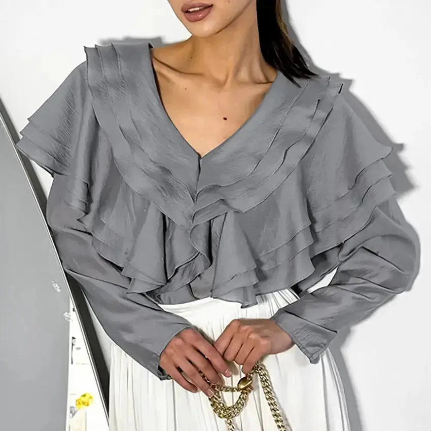Women Spring/Summer 2024 New Sexy V-neck Layered Ruffled Solid Color Shirt