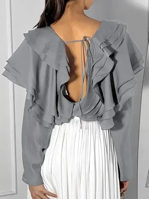 Women Spring/Summer 2024 New Sexy V-neck Layered Ruffled Solid Color Shirt