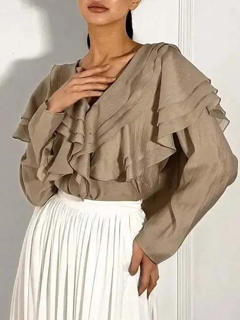 Women Spring/Summer 2024 New Sexy V-neck Layered Ruffled Solid Color Shirt