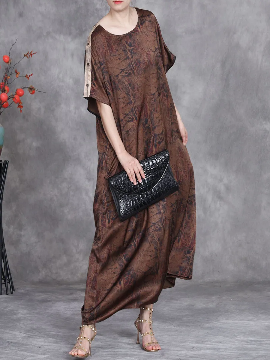Women Summer Vintage Print O-Neck Silk Loose Dress