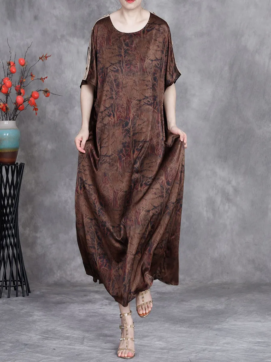 Women Summer Vintage Print O-Neck Silk Loose Dress