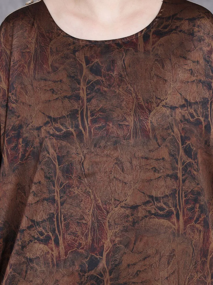 Women Summer Vintage Print O-Neck Silk Loose Dress