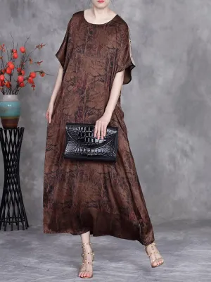 Women Summer Vintage Print O-Neck Silk Loose Dress