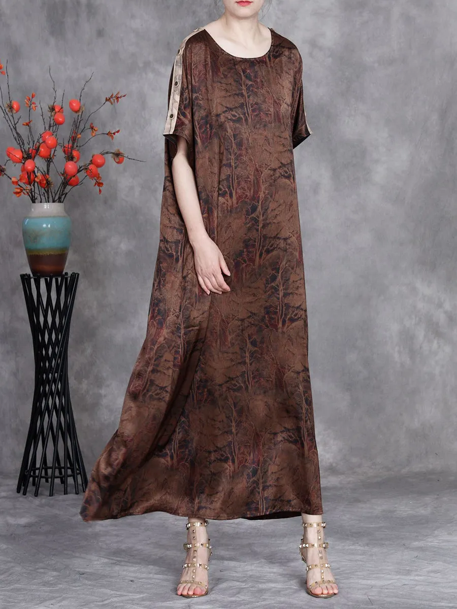 Women Summer Vintage Print O-Neck Silk Loose Dress
