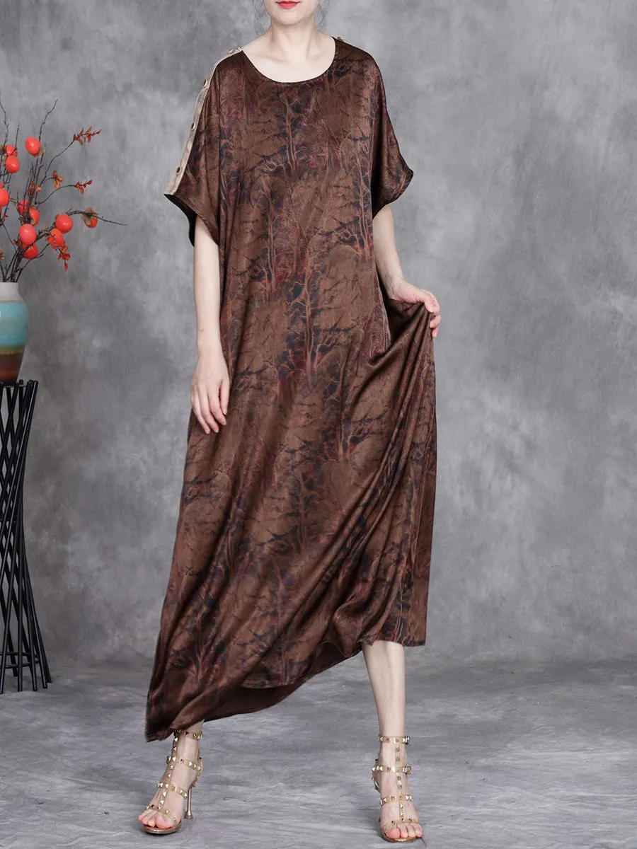 Women Summer Vintage Print O-Neck Silk Loose Dress