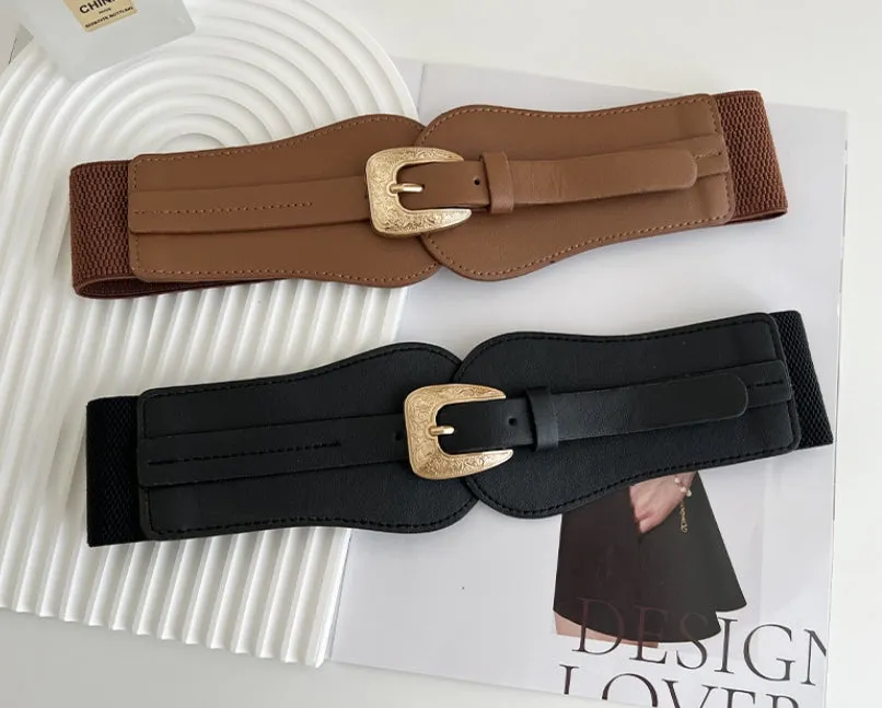 Women's Elastic Stretch Waist Belt Wide Leather Belt.W-240919-5