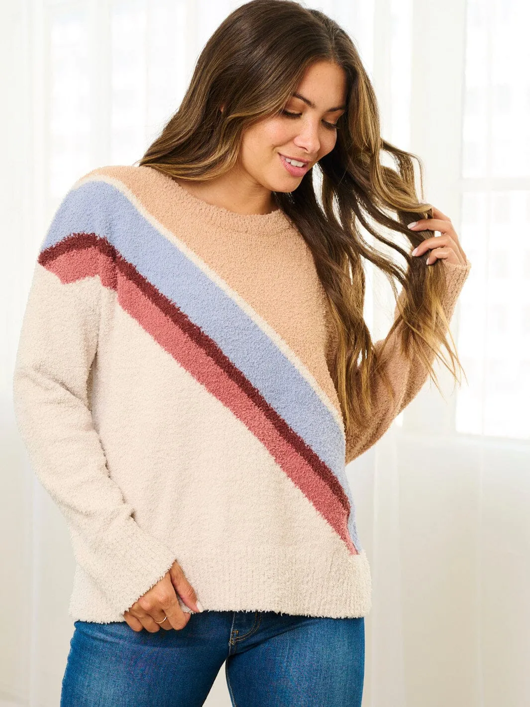 WOMEN'S LONG SLEEVE COLORBLOCK STRIPES PULLOVER SWEATER