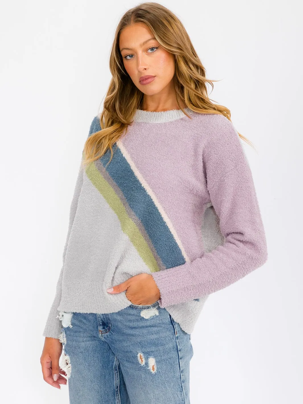 WOMEN'S LONG SLEEVE COLORBLOCK STRIPES PULLOVER SWEATER