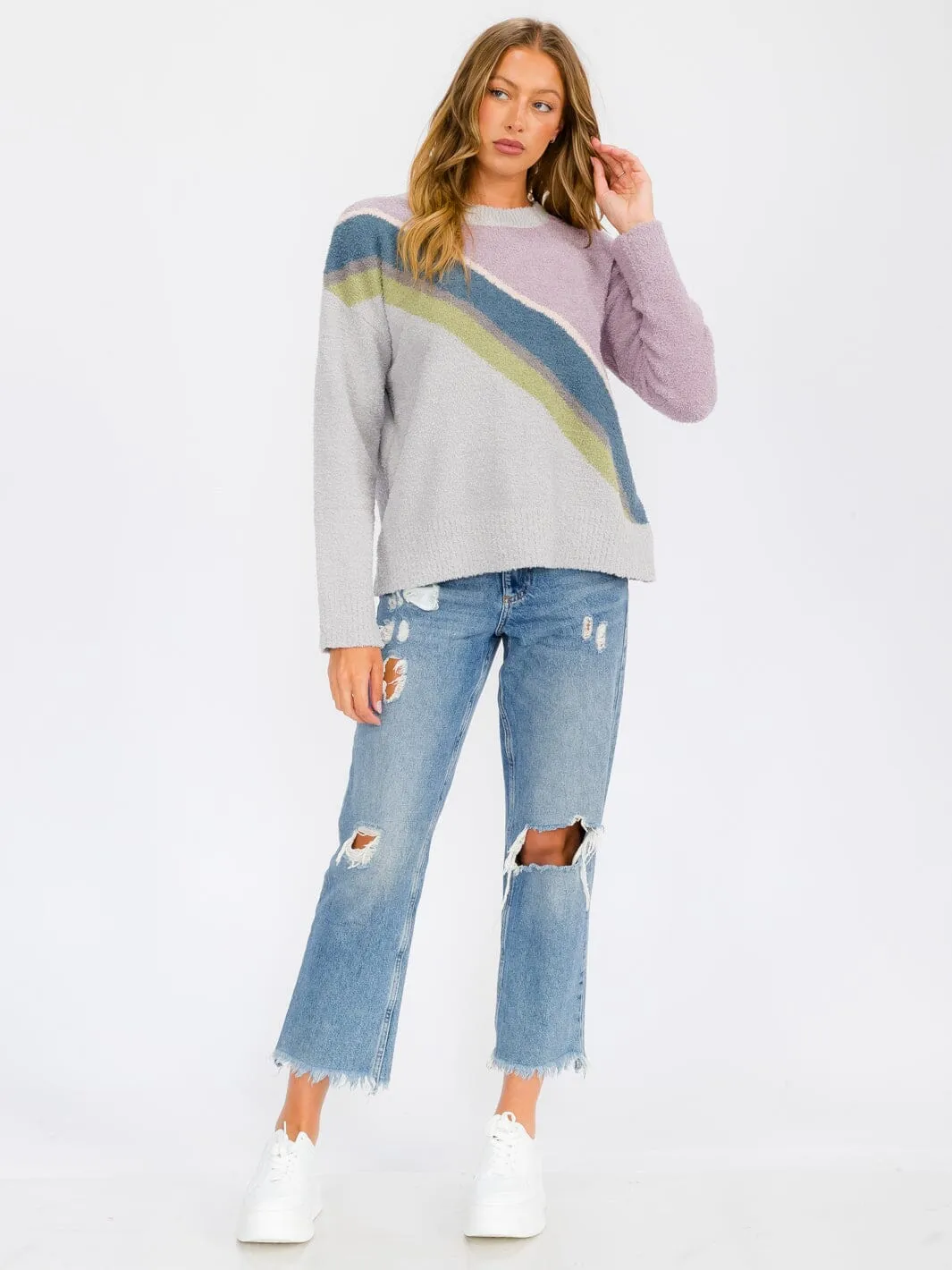 WOMEN'S LONG SLEEVE COLORBLOCK STRIPES PULLOVER SWEATER