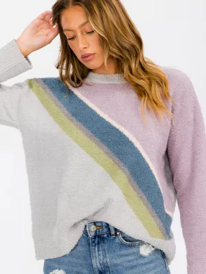 WOMEN'S LONG SLEEVE COLORBLOCK STRIPES PULLOVER SWEATER