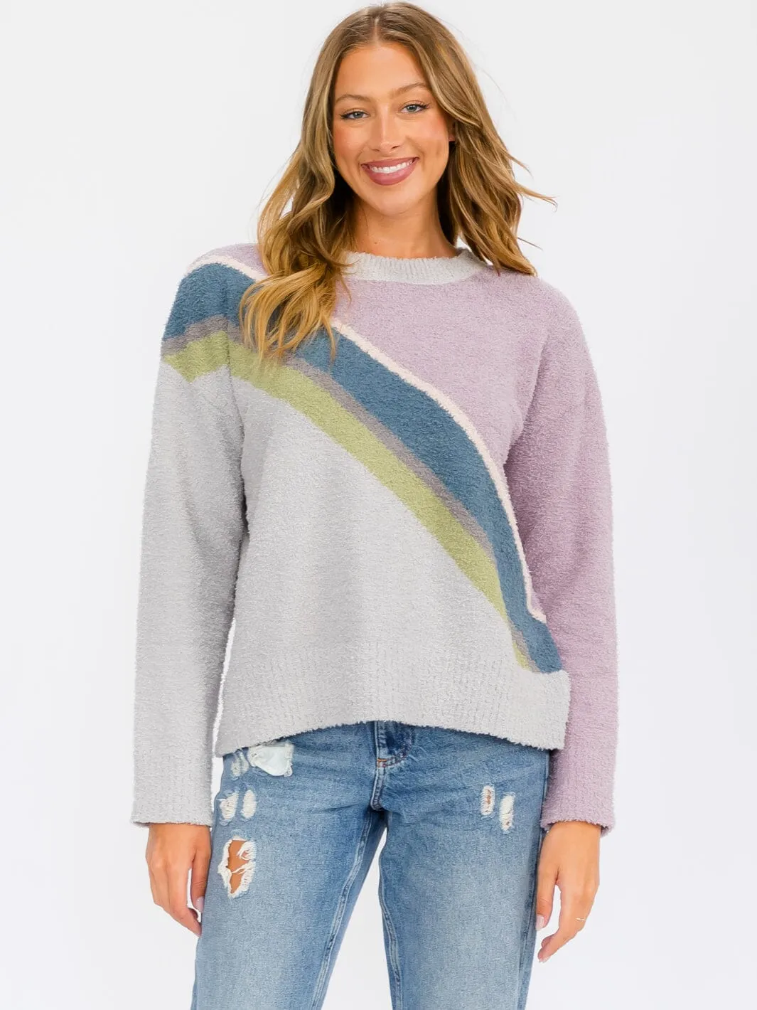 WOMEN'S LONG SLEEVE COLORBLOCK STRIPES PULLOVER SWEATER