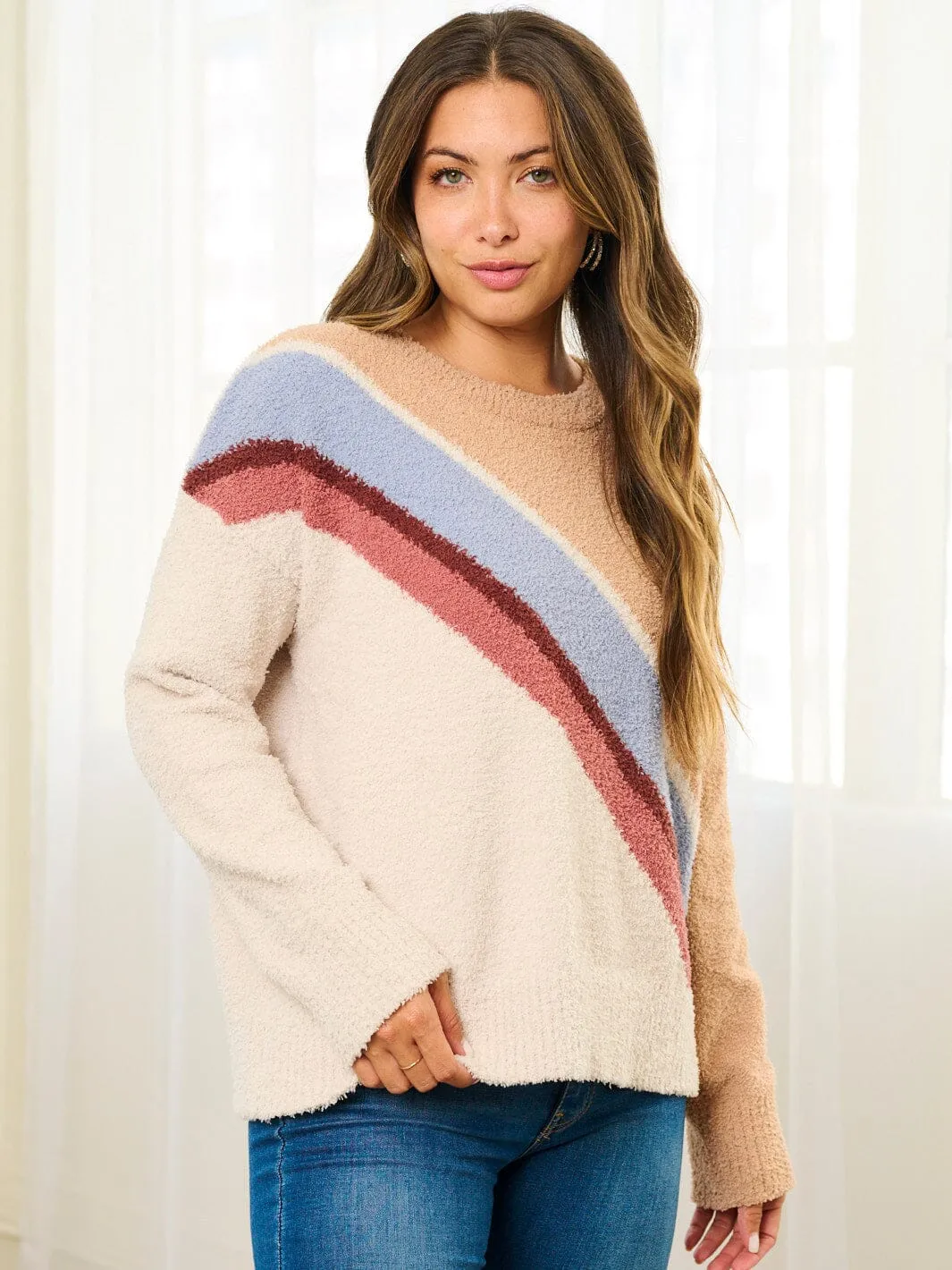 WOMEN'S LONG SLEEVE COLORBLOCK STRIPES PULLOVER SWEATER