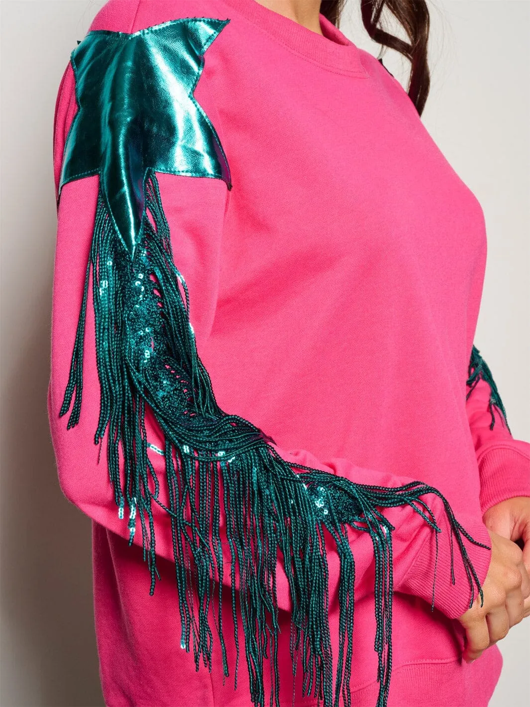 WOMEN'S LONG SLEEVE FRINGE STARS SEQUINS DETAILED SWEATER