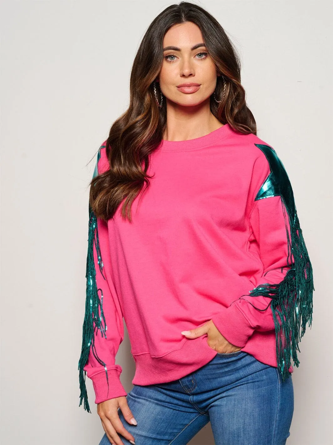 WOMEN'S LONG SLEEVE FRINGE STARS SEQUINS DETAILED SWEATER