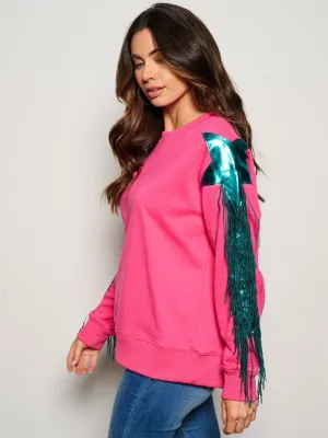 WOMEN'S LONG SLEEVE FRINGE STARS SEQUINS DETAILED SWEATER