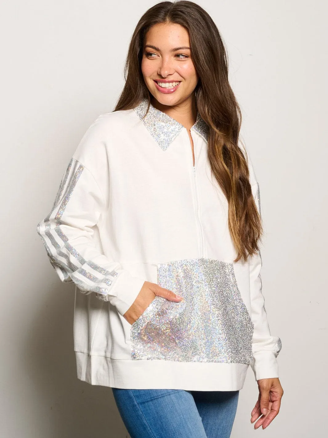 WOMEN'S LONG SLEEVE ZIP UP SEQUINS FRONT POCKETS PULLOVER SWEATER