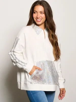 WOMEN'S LONG SLEEVE ZIP UP SEQUINS FRONT POCKETS PULLOVER SWEATER