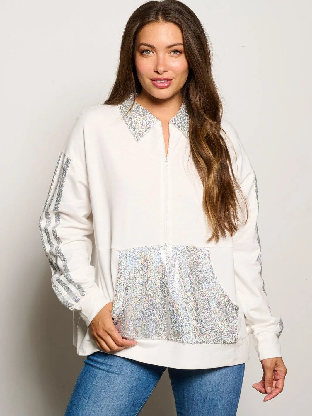 WOMEN'S LONG SLEEVE ZIP UP SEQUINS FRONT POCKETS PULLOVER SWEATER