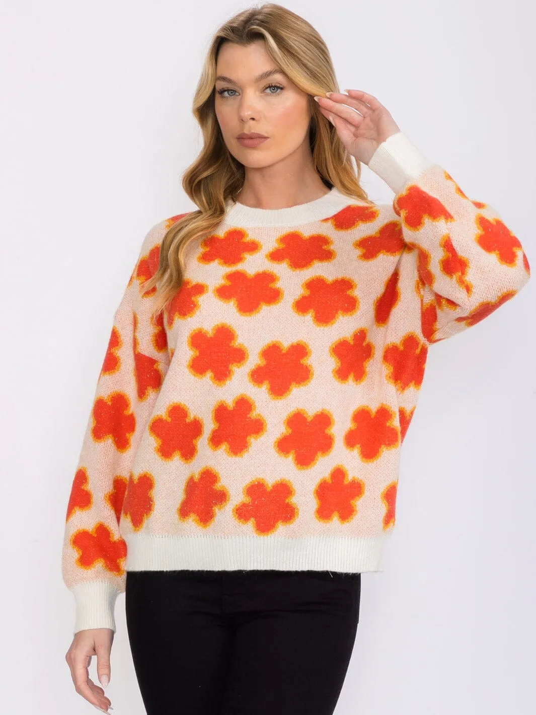 WOMEN'S LONG SLEEVES FLOWERS DETAILED PULLOVER SWEATER