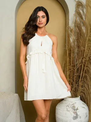 WOMEN'S SLEEVELESS HALTER NECK RUFFLE TRIM MINI DRESS