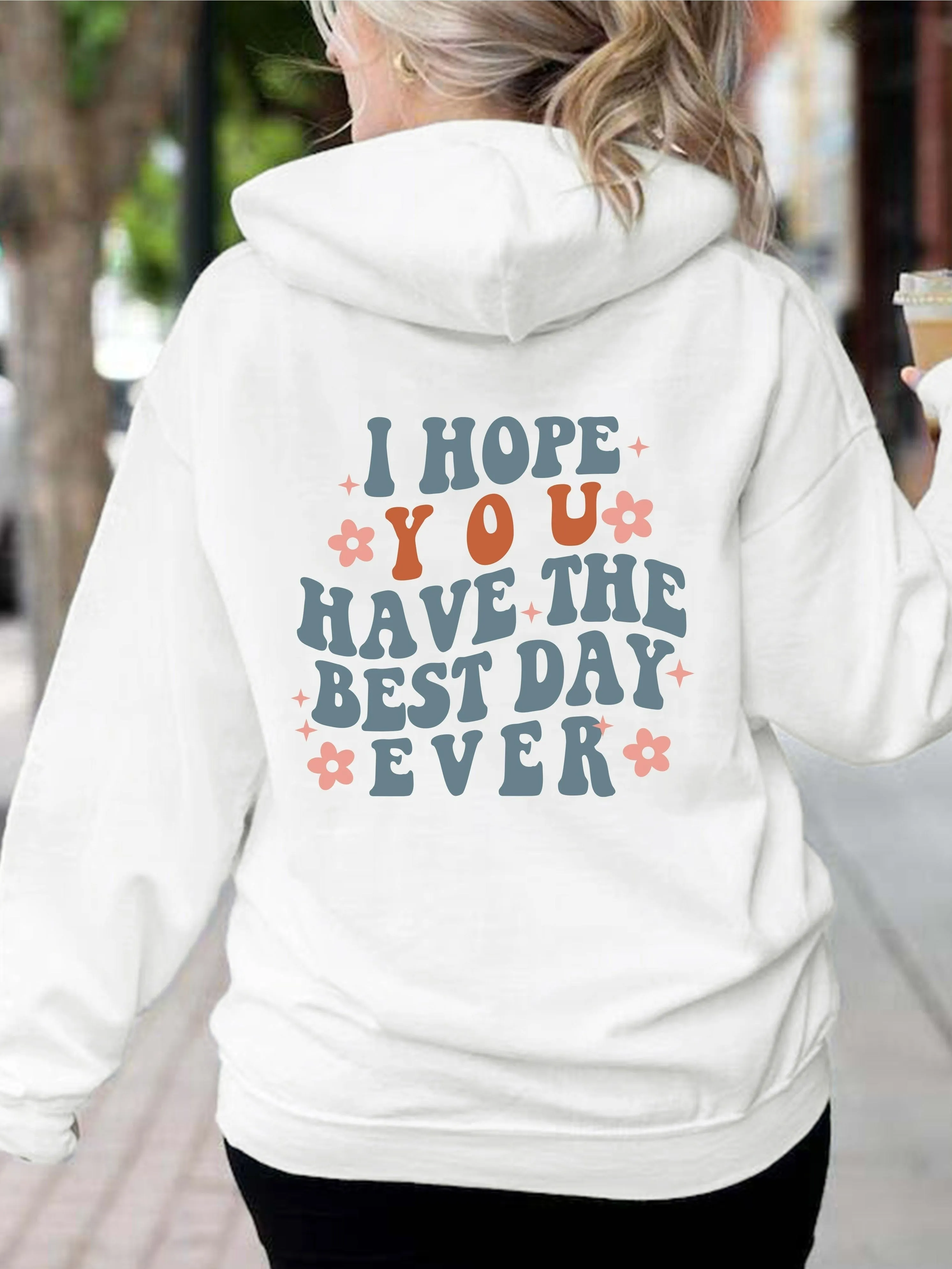 xieyinshe  Letter Print Back Hoodies, Casual Kangaroo Pocket Long Sleeve Sweatshirt, Women's Clothing