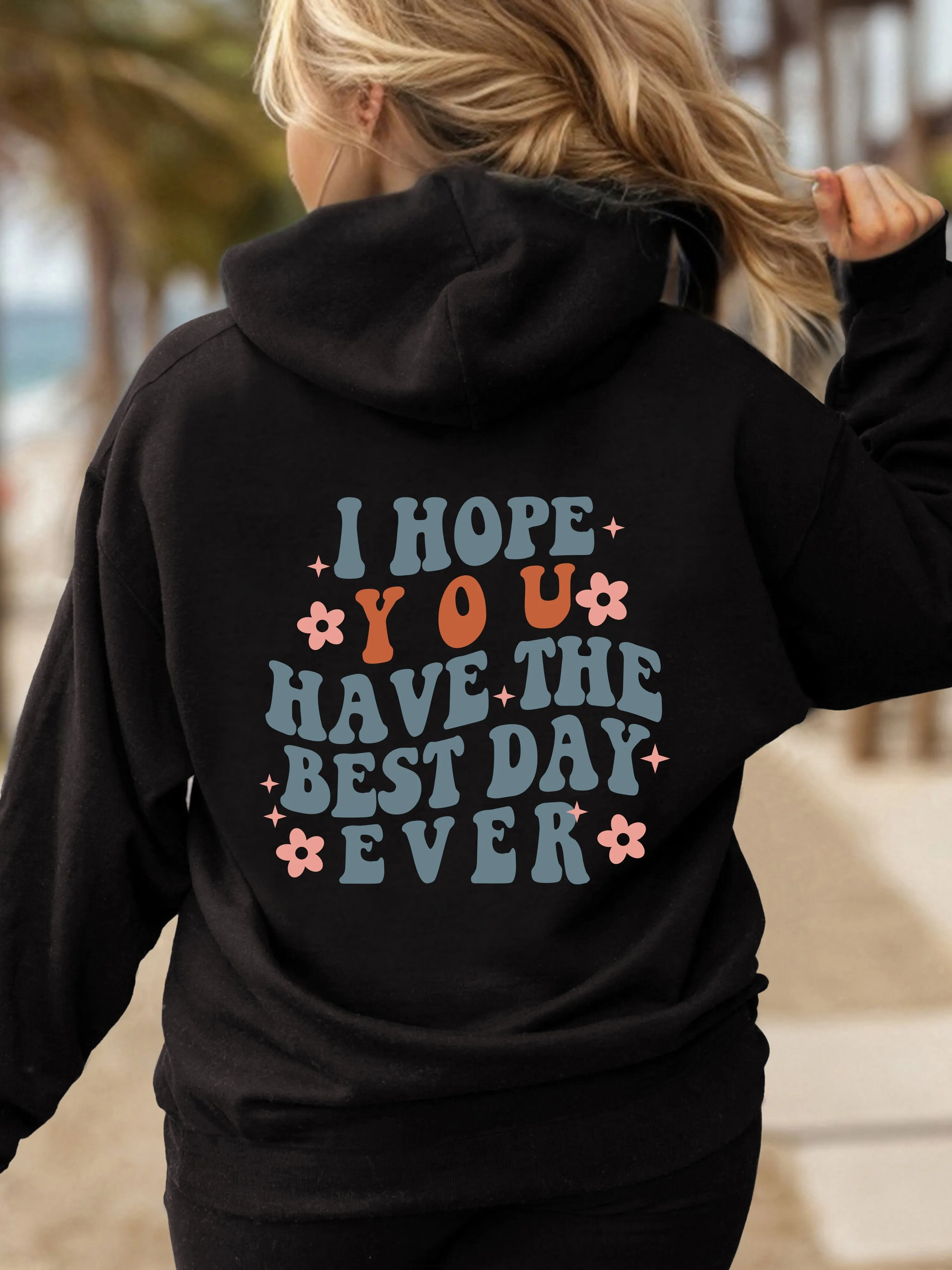 xieyinshe  Letter Print Back Hoodies, Casual Kangaroo Pocket Long Sleeve Sweatshirt, Women's Clothing