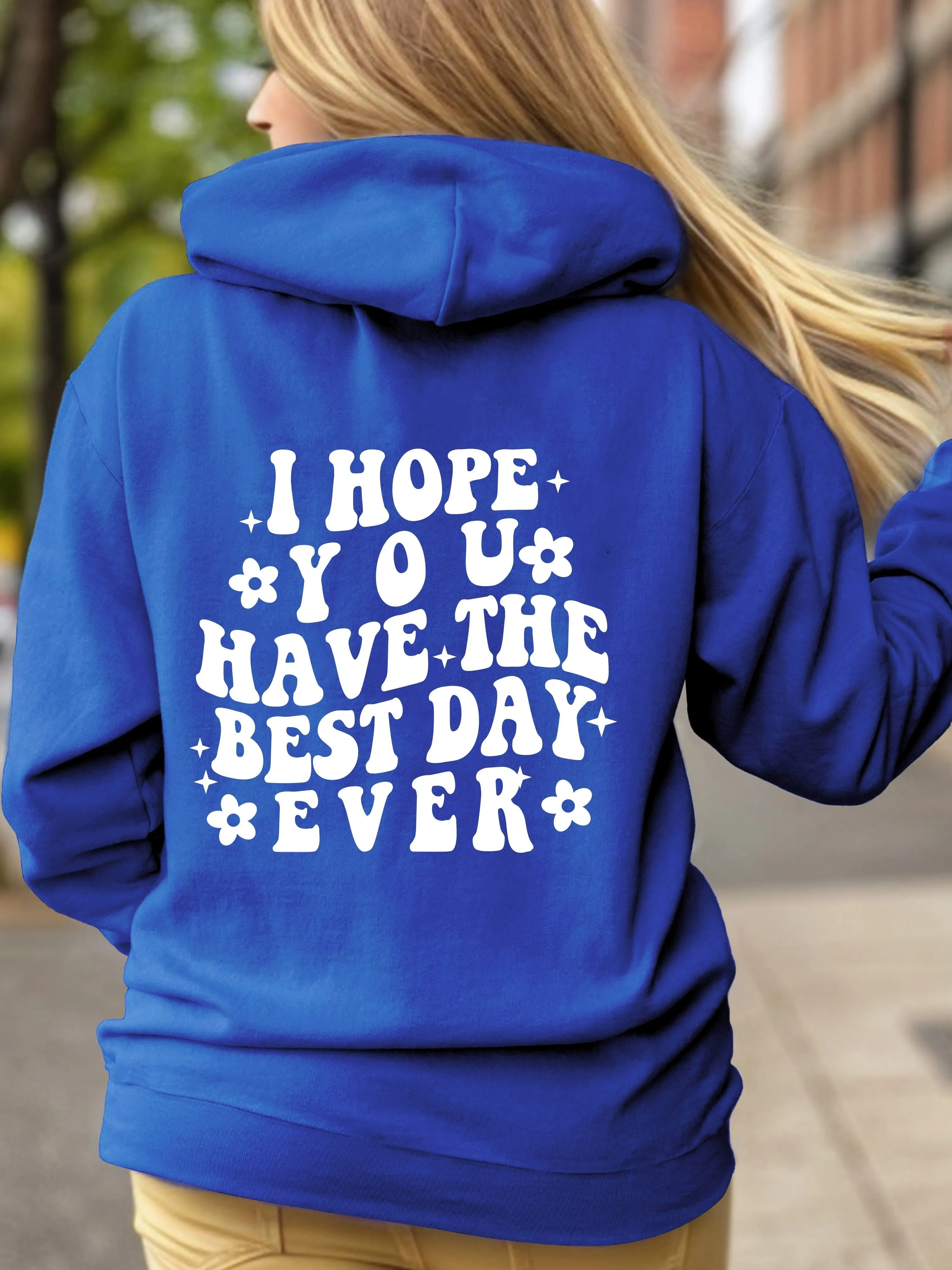 xieyinshe  Letter Print Back Hoodies, Casual Kangaroo Pocket Long Sleeve Sweatshirt, Women's Clothing