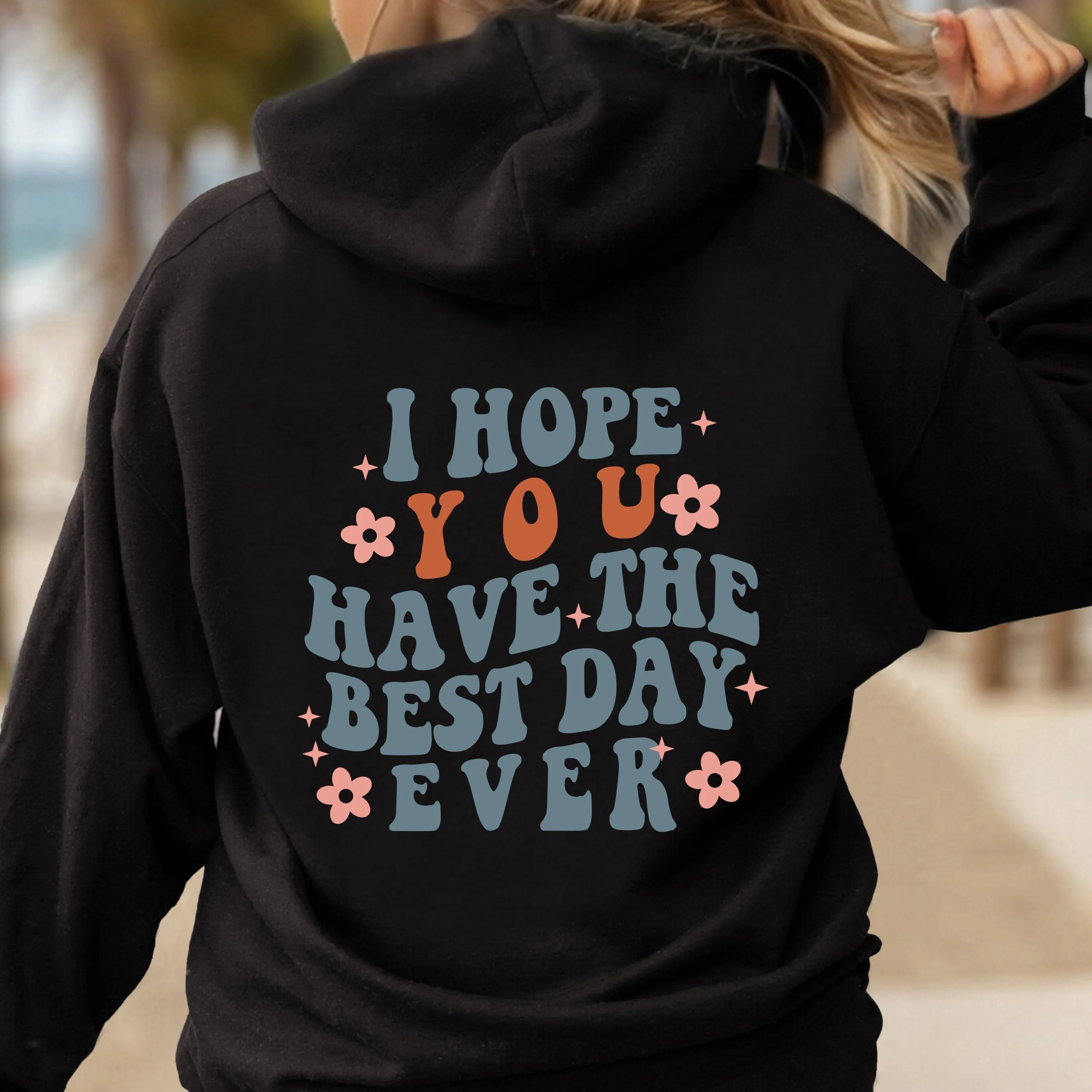 xieyinshe  Letter Print Back Hoodies, Casual Kangaroo Pocket Long Sleeve Sweatshirt, Women's Clothing