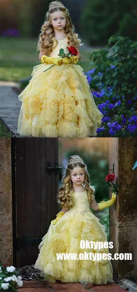 Yellow Cute Tulle Flower Girl Dresses, Beaded Round Neckline Popular Little Girl Dresses, TYP0989